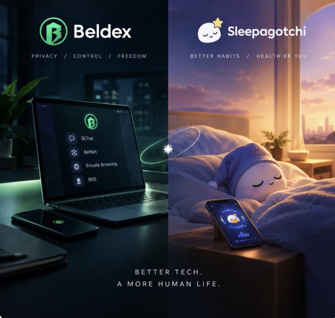 A split-screen advertisement shows 'Beldex' privacy tech services on a laptop on the left and a 'Sleepagotchi' app on a phone next to a sleeping character on the right, with the tagline 'BETTER TECH. A MORE HUMAN LIFE.'