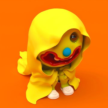 A yellow figurine with a hood, featuring a large smiling mouth with a blue tongue and big eyes, set against an orange background.