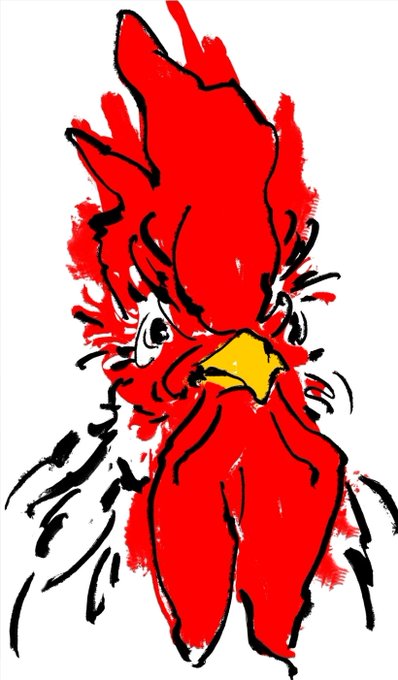 A rough red ink drawing of an angry bird-like creature with spiky feathers and a yellow beak, sketched with bold black outlines.