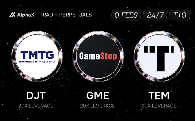 A promotional graphic for AlphaX TradFi Perpetuals featuring three trading pair tokens displayed as metallic coin designs against a starry background: $DJT (Trump Media & Technology Group), $GME (GameStop), and $TEM (Tempus AI), each offering 20X leverage with 0 fees, 24/7 trading, and T+0 settlement as highlighted in the header banners.