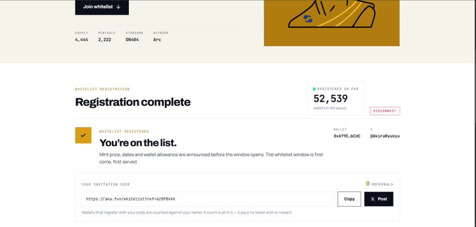 A registration confirmation screen showing 'Registration complete' and 'You're on the list' with a referral link, wallet address, and registration ID, plus statistics for supply, mintable, standard, and netodm.