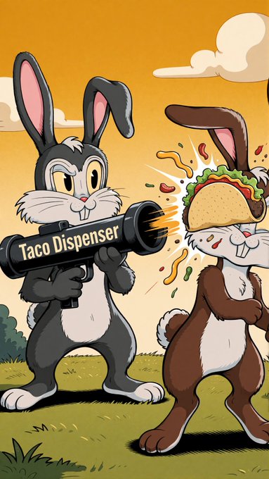 A cartoon-style parody image featuring Bugs Bunny holding a 'Taco Dispenser' gun shooting tacos at another rabbit character, in the classic Looney Tunes art style with a yellow sky background.