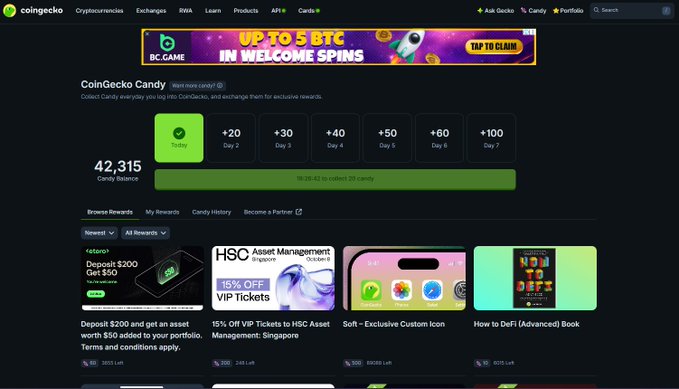 A screenshot of the CoinGecko 'CoinGecko Candy' rewards page showing a daily check-in streak and various reward options like deposit bonuses and VIP tickets.