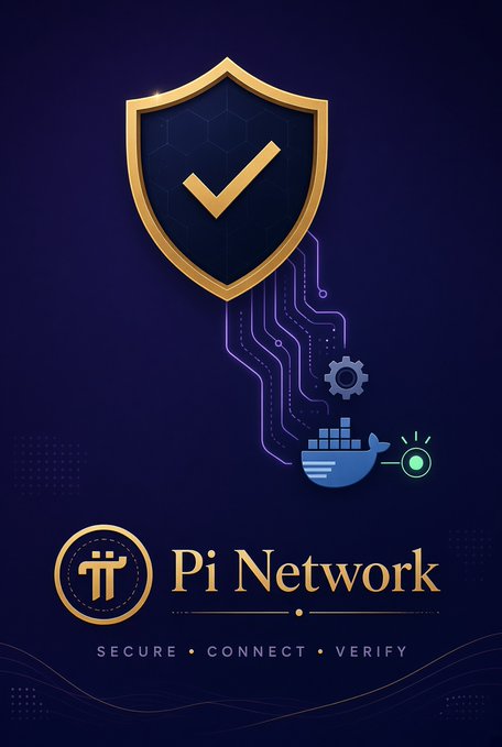A promotional graphic for Pi Network with a purple and gold color scheme featuring a shield with a checkmark, circuit patterns, a Docker whale logo, and the tagline 'SECURE • CONNECT • VERIFY'.