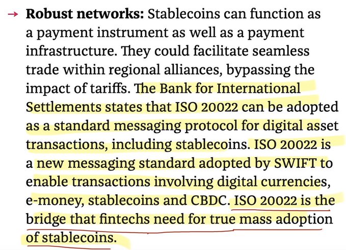 A highlighted text excerpt discusses how stablecoins can serve as both a payment instrument and infrastructure, emphasizing that ISO 20022 is the messaging standard fintechs need for true mass adoption of stablecoins, as noted by the Bank for International Settlements. The post underscores this point by positioning Ripple as an ISO-native fintech poised to benefit from this standard for stablecoin adoption.