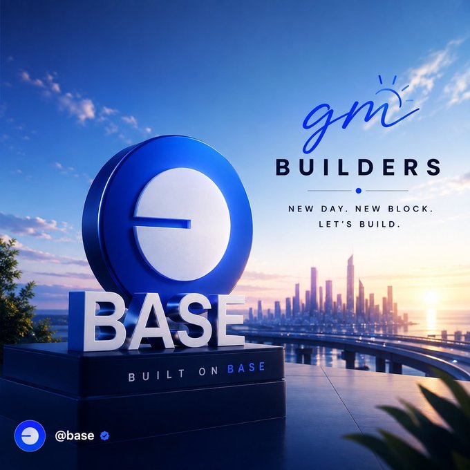 A futuristic 3D rendering features a large blue "e" logo above the word "BASE" on a pedestal with the tagline "BUILT ON BASE," set against a city skyline at sunset, while "gmi BUILDERS" and the message "NEW DAY. NEW BLOCK. LET'S BUILD." appear on the right—reinforcing the post's theme of empowering builders with simple, fast tools to bring big ideas onchain through @base and @baseapp.