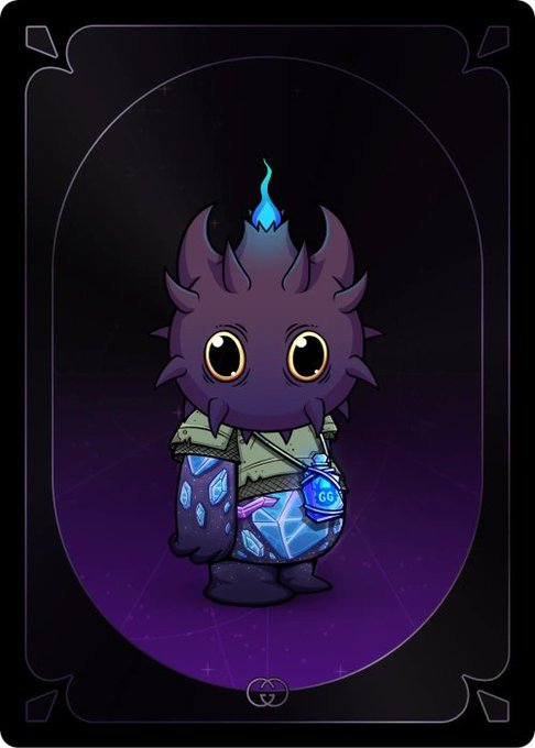 A digital illustration in a tarot card style depicting a cute, dark purple fuzzy creature with a blue flame on its head, holding a glowing blue crystal pouch labeled 'GG' against a starry purple background.