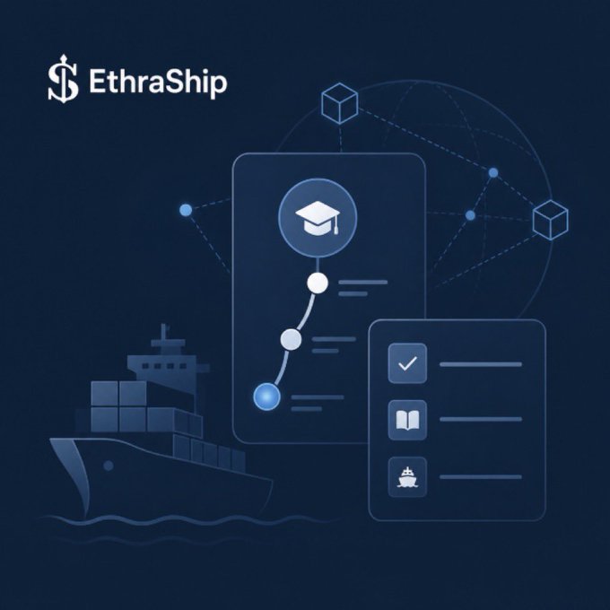 The image is a stylized graphic featuring the "EthraShip" logo in the top-left corner, alongside illustrations of a container ship, a graduation cap icon connected by a dotted path, and a checklist with shipping-related icons, all set against a dark blue background with a globe and blockchain nodes.

The image visually supports the post's message about EthraShip's reversed approach to RWA tokenization, using the ship icon to represent the real-world shipping assets that already existed before the tokenization process—reinforcing the idea that the ships were generating revenue first, while the graduation cap and checklist symbolize the educational and operational steps of bringing these live vessels (with AIS tracking) on-chain.