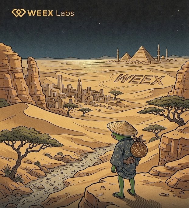 An illustration for 'WEEX Labs' depicting a figure in traditional Asian clothing looking out over a desert landscape with pyramids and a city in the distance, with 'WEEX' carved into the sand.