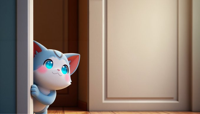 A cute animated white and blue cat with large blue eyes peeks playfully from behind a doorway, saying "Hello there!" with a friendly, curious expression.