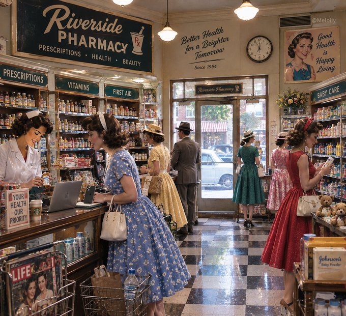 A vintage-style illustration of Riverside Pharmacy (Since 1954) with the slogan 'Better Health for a Brighter Tomorrow', depicting several 1950s-dressed women shopping, a nurse at the counter, and a man in a suit, with a 'Good Health is Happy Living' poster on the wall.