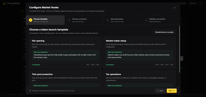 FomoWall interface for configuring Market Hooks, showing token launch template options including Fair opening, Market maker setup, Thin-pool protection, and Tax operations.