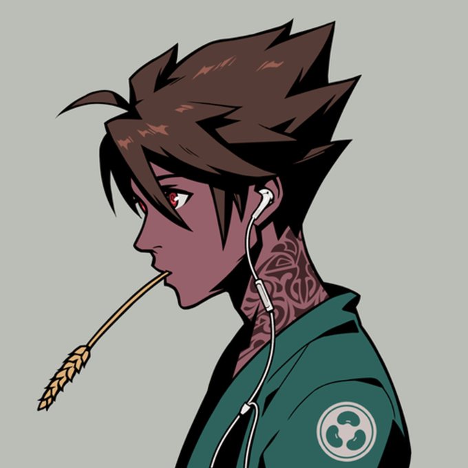 An anime-style illustration of a character with spiky brown hair, red eyes, and neck tattoos, wearing a green jacket and chewing on a piece of wheat.