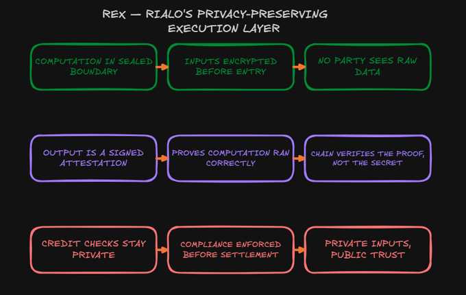 A diagram titled 'REX – RIALO'S PRIVACY-PRESERVING EXECUTION LAYER' illustrates a flow of encrypted computations and signed attestations across nine green, purple, and red boxes.