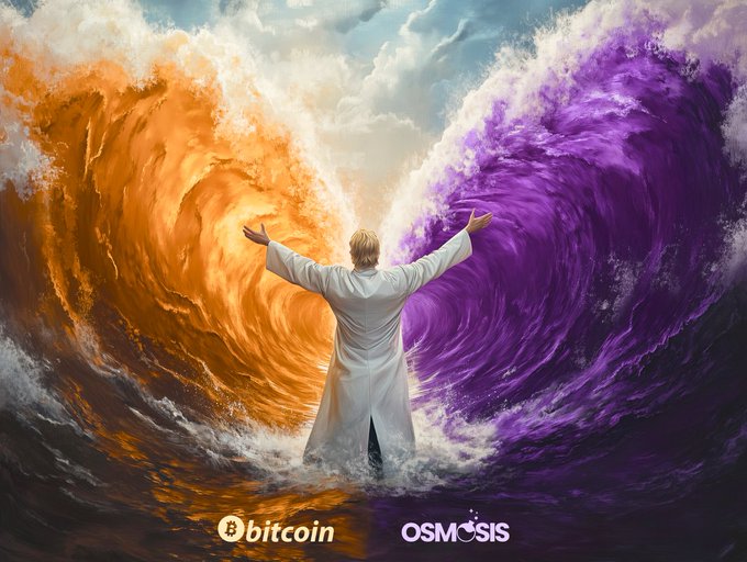 Digital artwork of a figure in white robes with outstretched arms parting two massive waves—one orange/fiery and one purple—with 'Bitcoin' and 'OSMOSIS' logos at the bottom.
