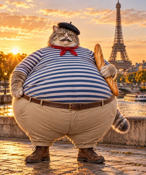 A chubby tabby cat dressed in a striped shirt, beret, and red neckerchief holds a baguette against the Parisian skyline with the Eiffel Tower glowing in the sunset. The whimsical feline "Le Chaton Fat" embodies the playful French essence, fitting the caption's tongue-in-cheek reveal that this iconic kitty is, in fact, real.