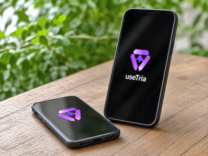 iphones with purple and white icons displaying "use tria" on a wooden table, surrounded by greenery.