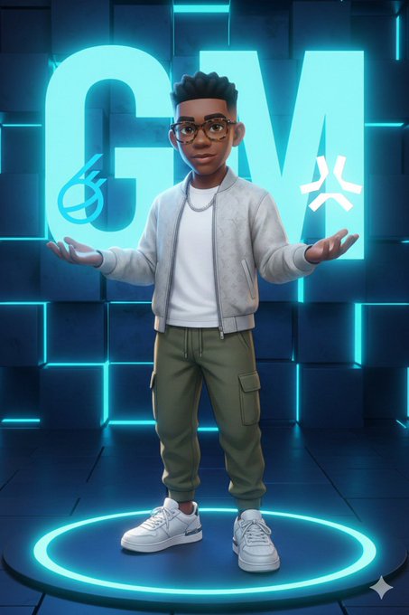 A 3D-rendered stylized character of a young man with glasses and a gray jacket standing on a glowing circular platform against a neon blue backdrop with 'GM' letters.