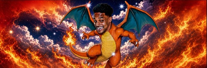 A digital artwork featuring a character with the smiling face of Chance the Rapper superimposed onto a winged, orange dragon-like creature, set against a fiery, cloudy cosmic background.