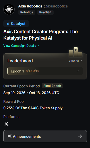 Twitter/X profile page for Axis Robotics (@axisrobotics) promoting their Content Creator Program 'Katalyst' with a leaderboard and epoch information.