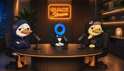 The image features a cartoon scene with three cartoon ducks sitting around a table, appearing to have a conversation or listening to a podcast. The background of the image includes a neon sign that says "Quack Stream" along with an orange line. There are also some chairs and potted plants in the room.