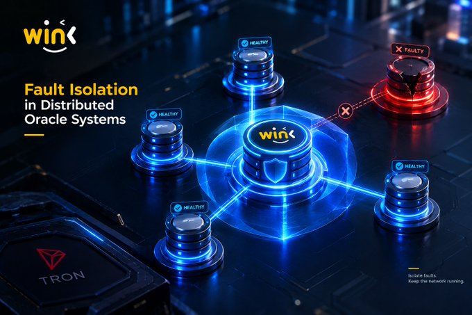 A promotional graphic for 'Wink' showing 'Fault Isolation in Distributed Oracle Systems' with healthy and faulty nodes connected to a central shield, alongside a TRON logo.