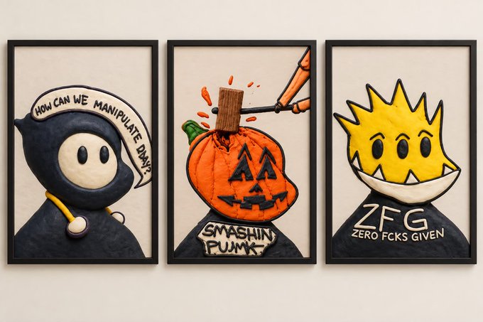 Three framed illustrations: the first shows a hooded figure asking "HOW CAN WE MANIPULATE DMAS?", the middle depicts a jack-o'-lantern being hammered labeled "SMASHIN PUMPK", and the third features a yellow spiky character with "ZFG ZERO FCKS GIVEN".