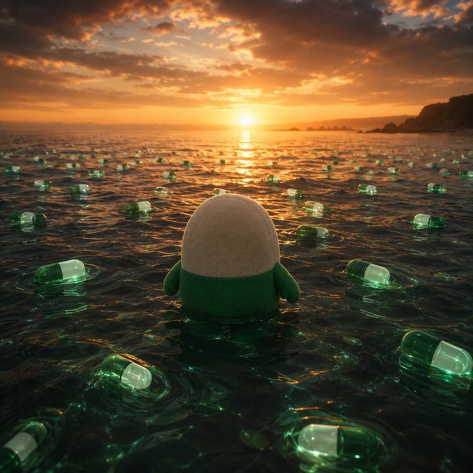 A small, round plush character floats in dark water surrounded by numerous green and white capsules, set against a backdrop of a golden sunset over the ocean, visually representing the concept of being immersed in the asset referenced by the text "Sell off just a little more so I can add again $Cupsey".