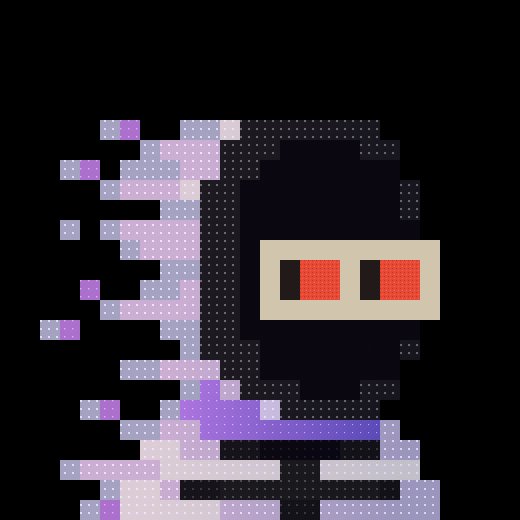 A stylized pixel art character in a dark hood with red glowing eyes, partially dissolved into glitchy purple and white pixels, complements the post's hype about an NFT reveal from @zksnarks_, with no visible text beyond the handle.