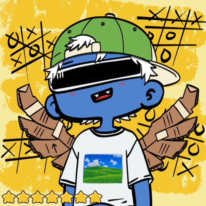 A cartoon illustration of a blue-skinned character wearing a VR headset and a green cap with wings, wearing a Windows XP 'Bliss' wallpaper t-shirt, set against a yellow background with tic-tac-toe patterns.
