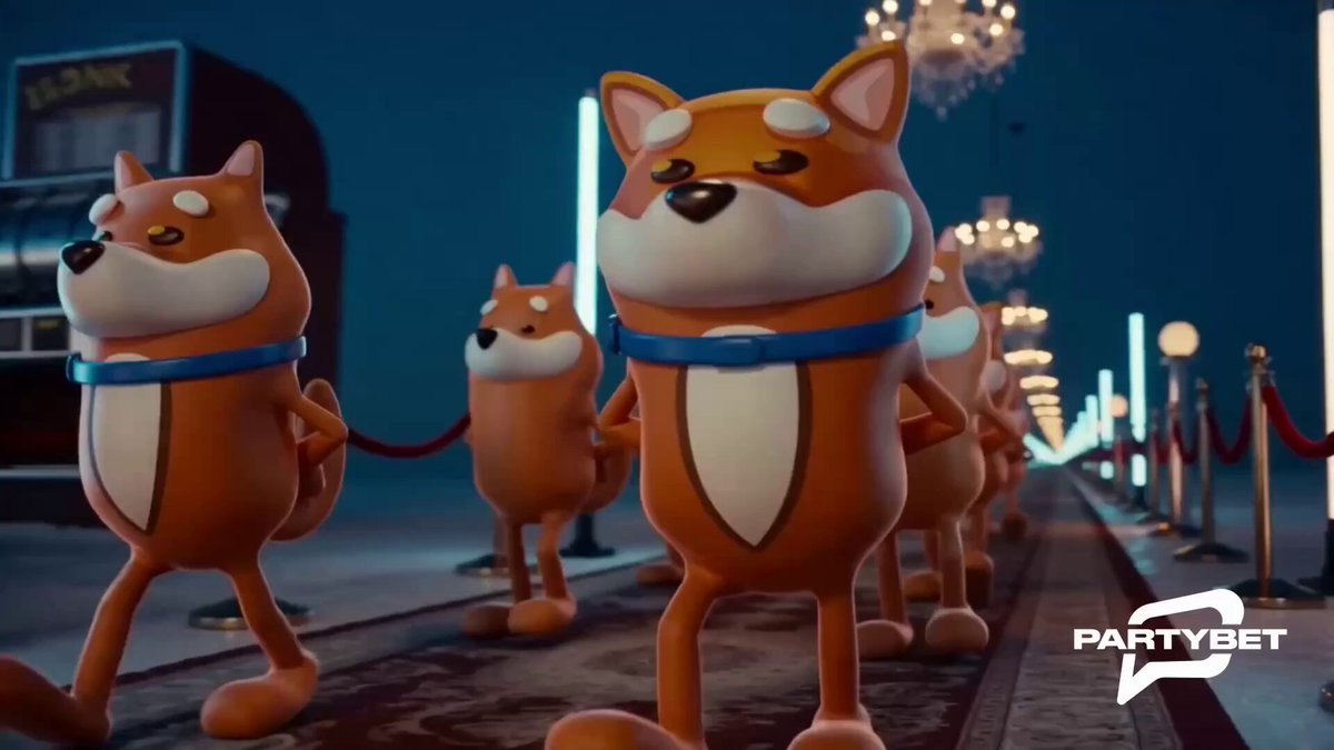 The image features a group of cartoon dogs walking down a street, with one dog wearing a blue collar. The caption for the image reads "The Dog has entered The Casino BONK SLOT is live on PartyBet. Spin it in Telegram. BONK it in the chat. Play now: invite.partybet.fun/x". This post seems to be promoting an event or gathering, possibly a casino night or party, where people can enjoy themselves and interact with the cartoon dogs as part of the entertainment.
