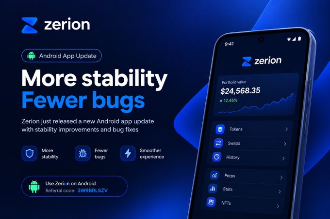 Promotional graphic for the Zerion Android App Update featuring text 'More stability, Fewer bugs' and showcasing a mobile app screenshot displaying a portfolio value of $24,568.35 with a 12.45% gain.