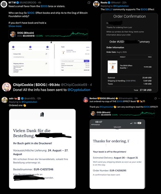 Social media screenshots showing orders for the 'DOG Effect' book from MTM and Crypto communities, with order confirmations from Lulu and other printers, and DOG (Bitcoin) trading at $0.000616.