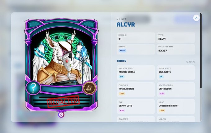 A digital character card displaying an NFT named 'ALCYR' (Serial #1, #3,397), marked 'REDACTED,' showing an angelic warrior with traits like 'OVL WHITE,' 'GNR RIBBON,' and 'DEMON CUTE'.