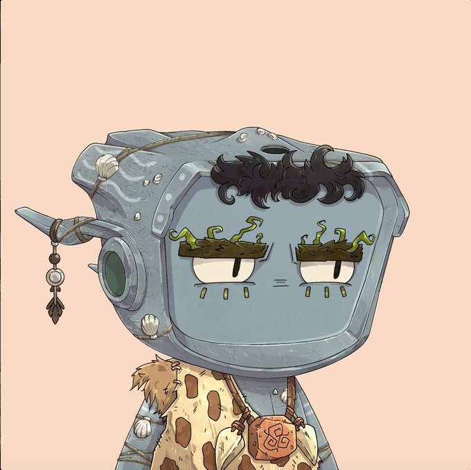 Digital artwork of a stylized character with a rectangular metal head, messy black hair, and green eyebrows, wearing animal skin clothing and a clay medallion.