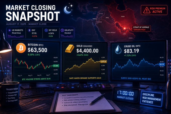 A 'Market Closing Snapshot' dashboard dated August 17, 2025, displaying charts for Bitcoin (BTC) at $63,500, Gold (XAU/USD) at $4,400.00, and Crude Oil (WTI) at $83.19, with a 'Risk Premium Active' alert regarding the Strait of Hormuz.