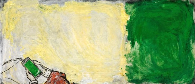 An artistic reproduction of a painting with a textured, impressionistic style showing a hand holding a green rectangular object against a background of yellow and green blocks of color.