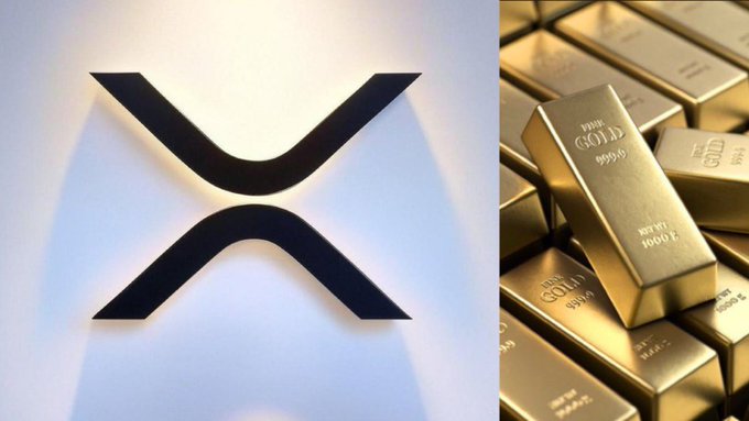 The image shows a stylized black "X" logo (the XRP cryptocurrency symbol) on the left and stacked gold bars stamped with "999.9 FINE GOLD" and "NET WT 1000g" on the right. Combined with the post, it visually represents the claim that the XRP Ledger now dominates the tokenized commodity market, holding $2.5 billion of the $3.55 billion total—symbolized by XRP's logo alongside physical gold to illustrate the scale of tokenized gold on the network.