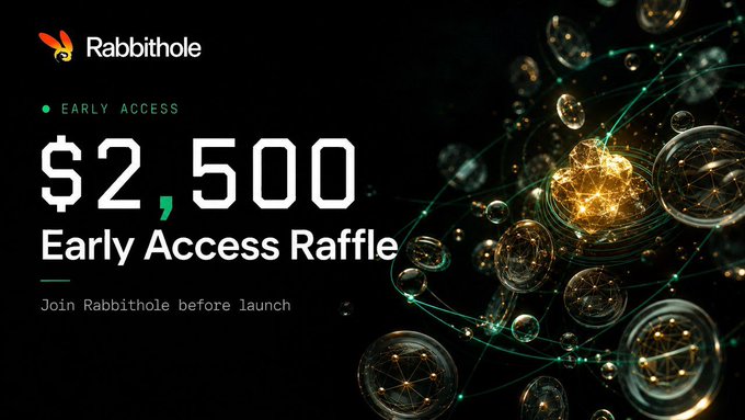 A promotional graphic for Rabbithole's Early Access Raffle featuring "$2,500" prominently displayed, set against a dark background with a glowing gold coin and green network connections. The image visually represents the "$2,500 Early Access Raffle" mentioned in the post, encouraging sign-ups at app.rabbithole.gg/raffle for a chance to win USDC prizes.