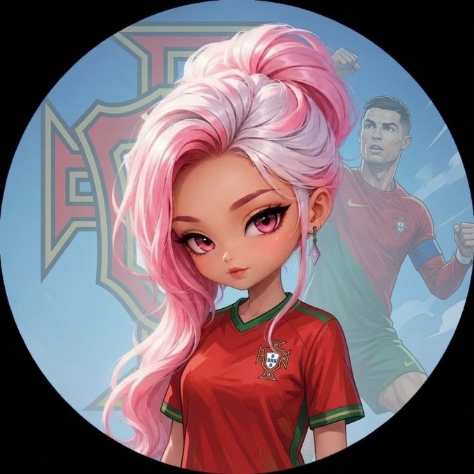 An anime-style illustration featuring a pink-haired girl in a red Portugal jersey, with Cristiano Ronaldo visible in the background.