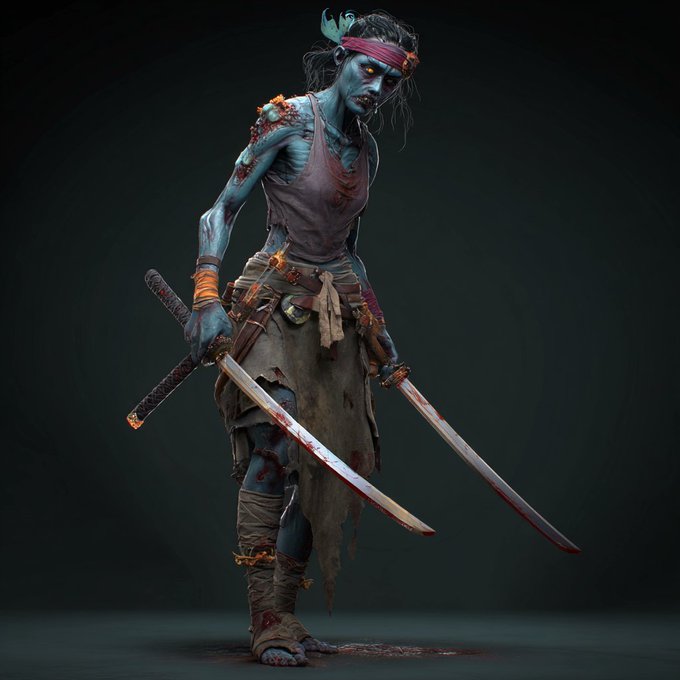 The image portrays a female character with striking blue skin, possibly from an animated game or a graphic novel, armed with two swords. She exudes a fierce readiness, her position suggesting the calm before a battle. The duct tape on her head and the cracks on her skin hint at a backstory of hardship or survival, possibly tying into a narrative suggested by the $MfT SOBs tweet. This character's presence in the image could imply that she is the 'son of a bit*h' the tweet refers to. It seems likely she is a symbol of a broader concept, perhaps a struggle or fight symbolized by her prowess in battle.