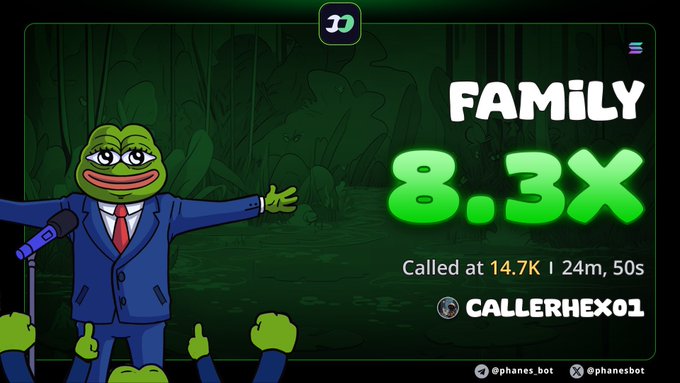 Crypto call graphic featuring a Pepe the Frog cartoon character in a suit, announcing 'FAMILY' at an 8.3x multiplier, called at 14.7K by user 'CALLERHEX01' via phanes.bot.