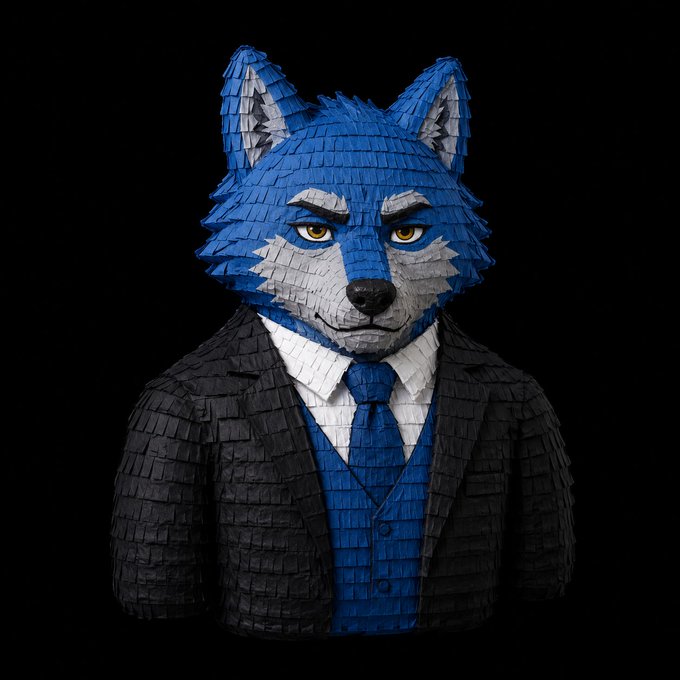 A 3D-rendered anthropomorphic wolf character with blue and gray fur, wearing a formal dark suit with a blue tie and white shirt against a black background.