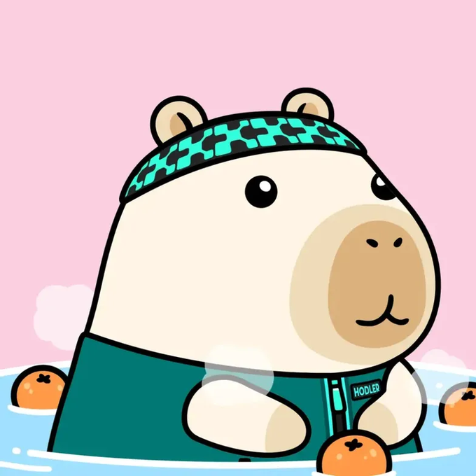 The image features a cartoon character, likely a white bear or a hippopotamus, wearing a green shirt with a checkered bandana around its neck. The character appears to be swimming in water, surrounded by several oranges floating nearby. The image also includes text that reads "怎么今天一下开始互点浪潮了 大家是有什么内幕消息吗？ 我也来 会走善破坏离离离离离离离离离离离离离离离离离离离离离离离离离离离离离离离