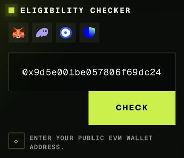 A digital eligibility checker interface displaying an EVM wallet address (0x9d5e001be057806f69dc24) alongside a "CHECK" button, used to verify qualification for the @KenjiOrigins NFT mint.