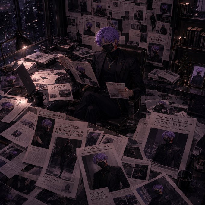 A stylized scene of a purple-haired masked figure sitting in an office chair surrounded by newspapers featuring headlines like 'The Daily Chronicle' about 'The New Icon of Modern Fashion' and 'Purple Reign.'