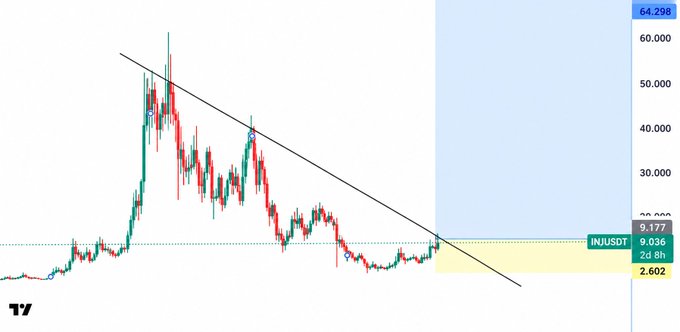 A TradingView financial chart of INJ/USDT on the 2-day timeframe showing a downtrend pattern with a descending trendline and current price near 9.18.