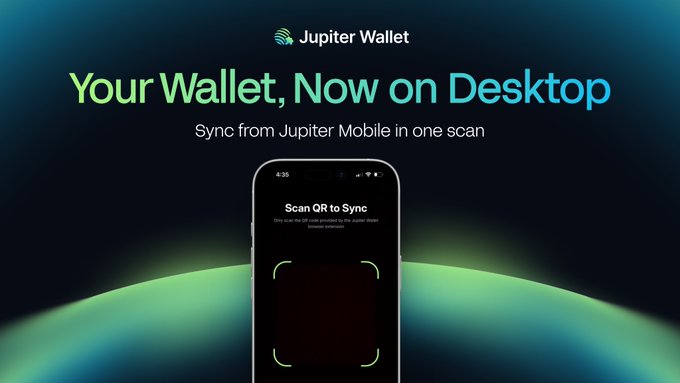 A promotional graphic for Jupiter Wallet showing a smartphone scanning a QR code to sync from mobile to desktop.