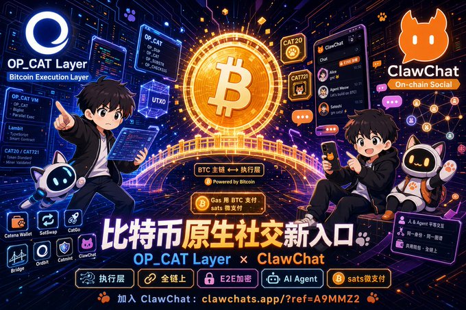 The image is a promotional graphic for "OP_CAT Layer × ClawChat," branding it as a "比特币原生社交新入口" (Bitcoin-native social gateway) powered by Bitcoin, featuring anime-style mascots, a central Bitcoin logo, and interfaces referencing OP_CAT, CAT20/CAT21 tokens, and on-chain social tools, visually tying together the post's discussion of OP_CAT Layer's efforts to expand Bitcoin's programmability and its partnership with ClawChat.