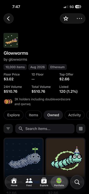 A mobile screenshot of the 'Glowworms' NFT collection on Ethereum by glowworms with 10,000 items, showing a floor price of $3.02, top offer of $2.66, and 24H volume of $510.76.